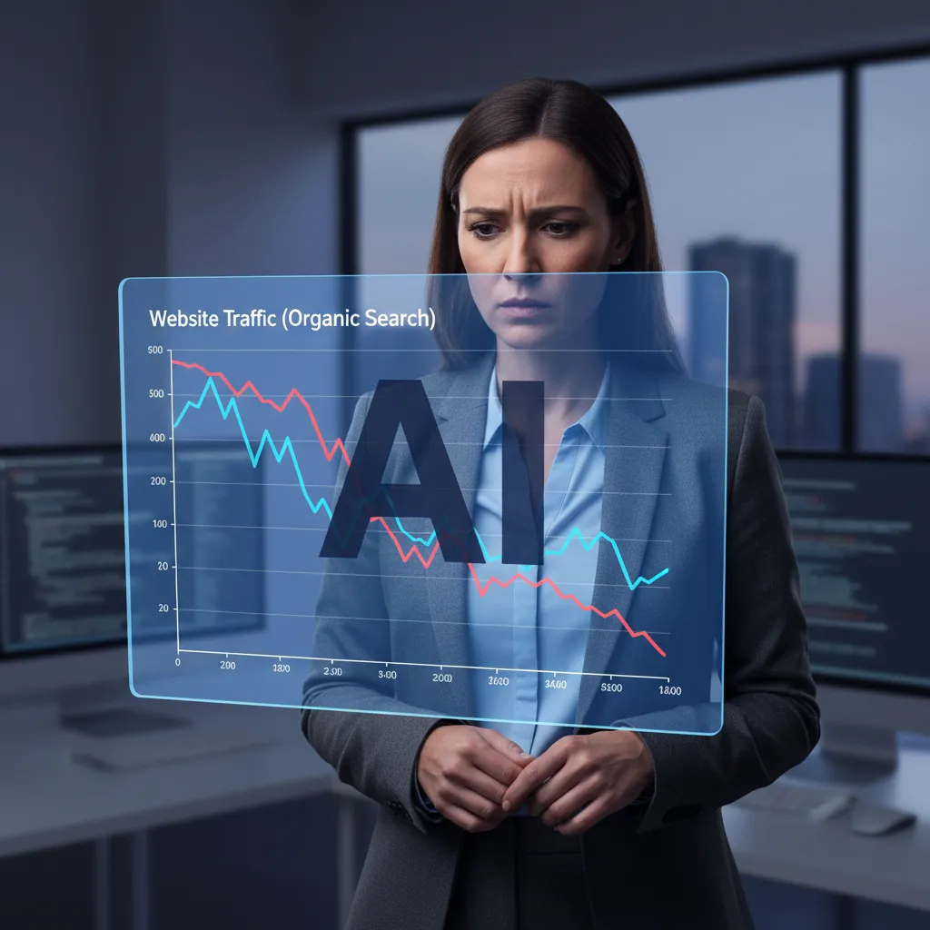 A worried business owner looking at a chart showing declining website traffic, with an AI icon casting a shadow.