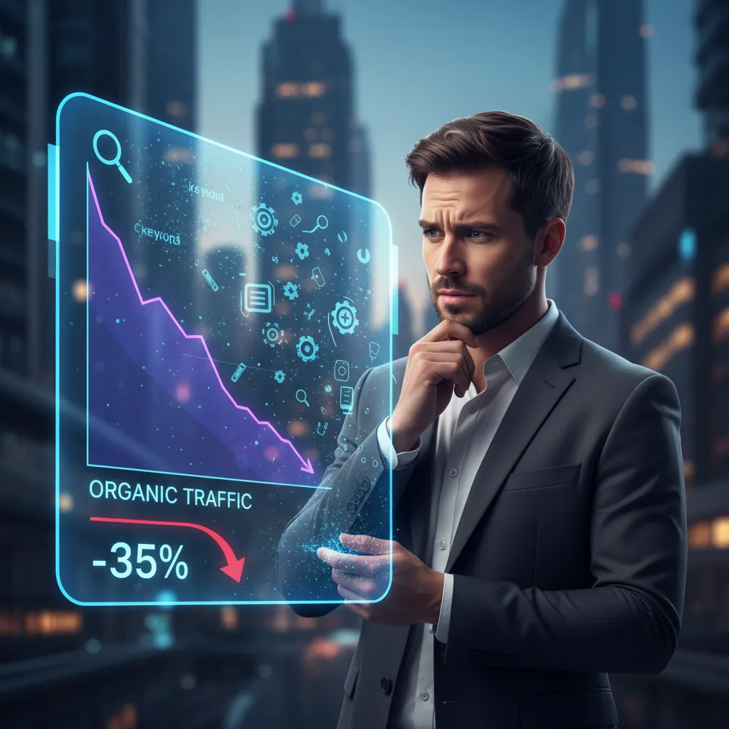 A worried-looking marketer staring at a declining traffic graph, with SEO keyword icons turning into question marks.