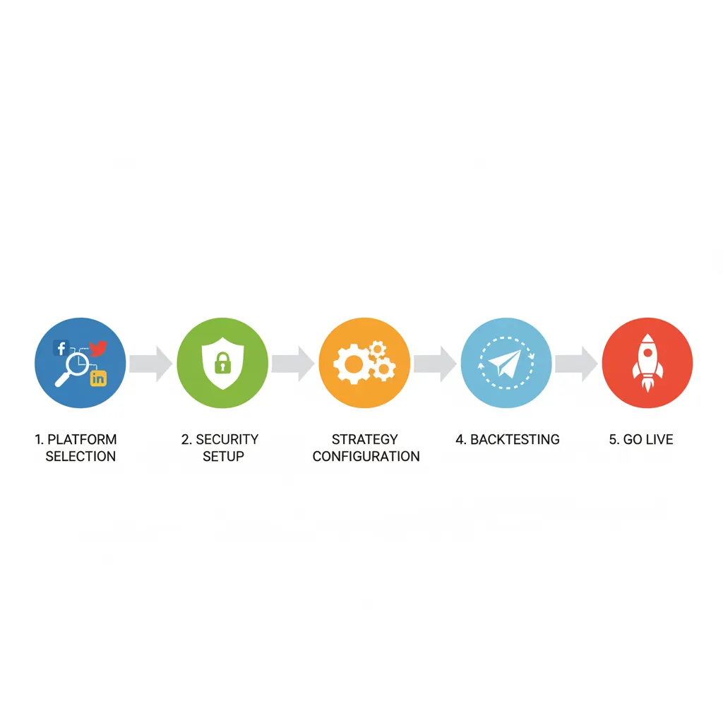 A simplified flowchart showing the steps to set up an AI trading bot, from choosing a platform to deploying a strategy.