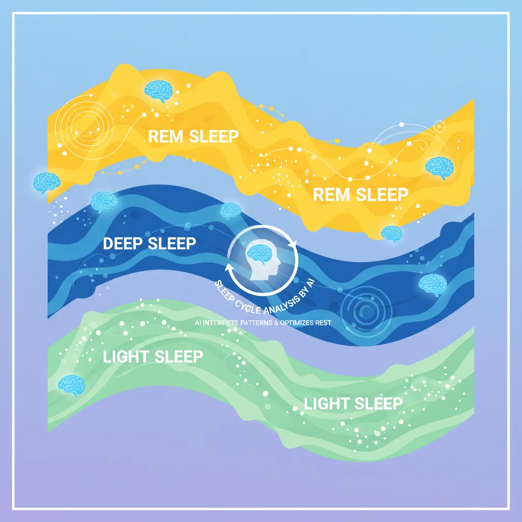 Infographic showing REM, deep, and light sleep stages with AI analysis icons.