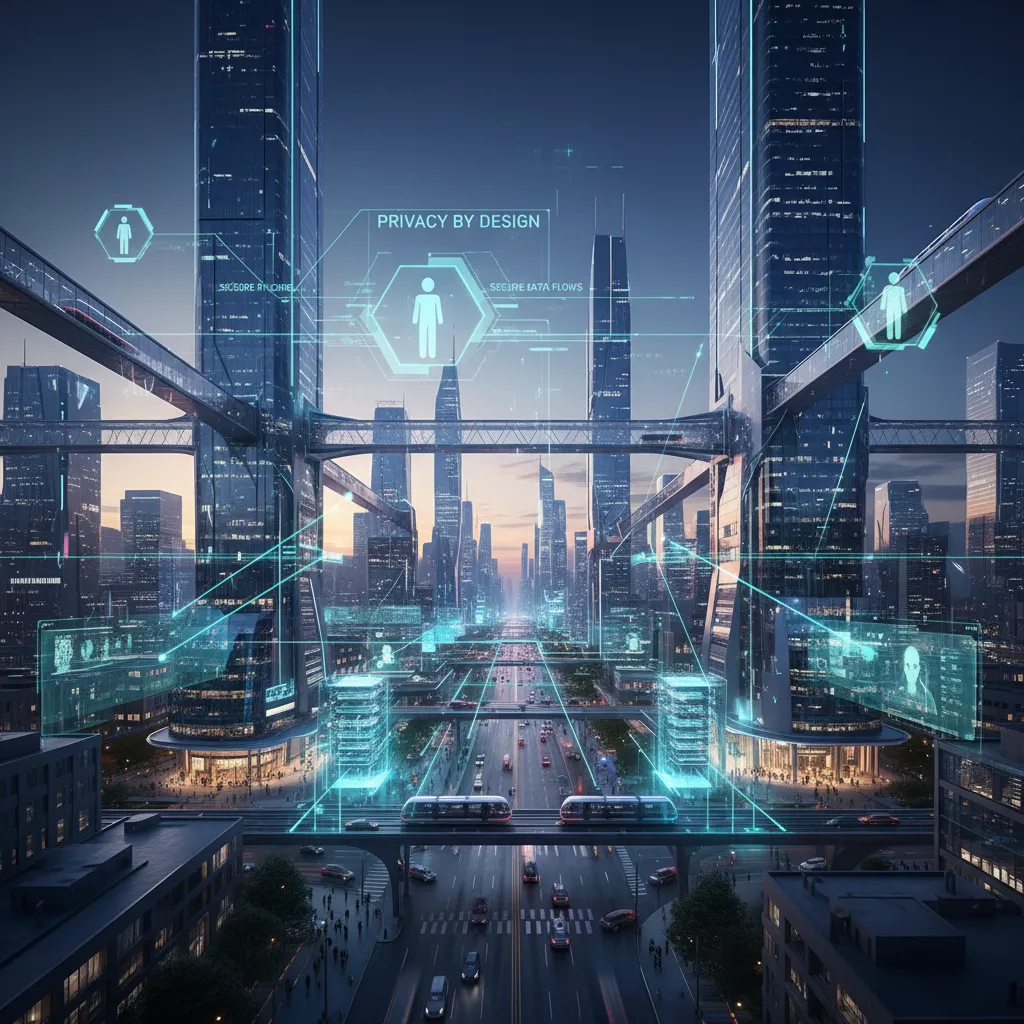 Panoramic smart city with transparent overlays showing secure data flow and anonymized interactions.