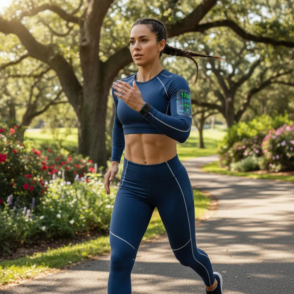 Athlete in smart workout clothing with biometric data display