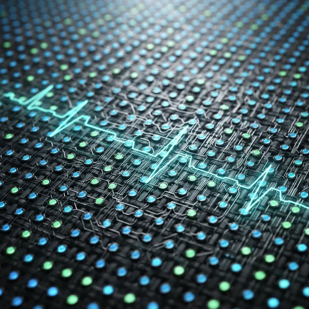 A macro shot of smart fabric with integrated glowing biometric sensors tracking health data.