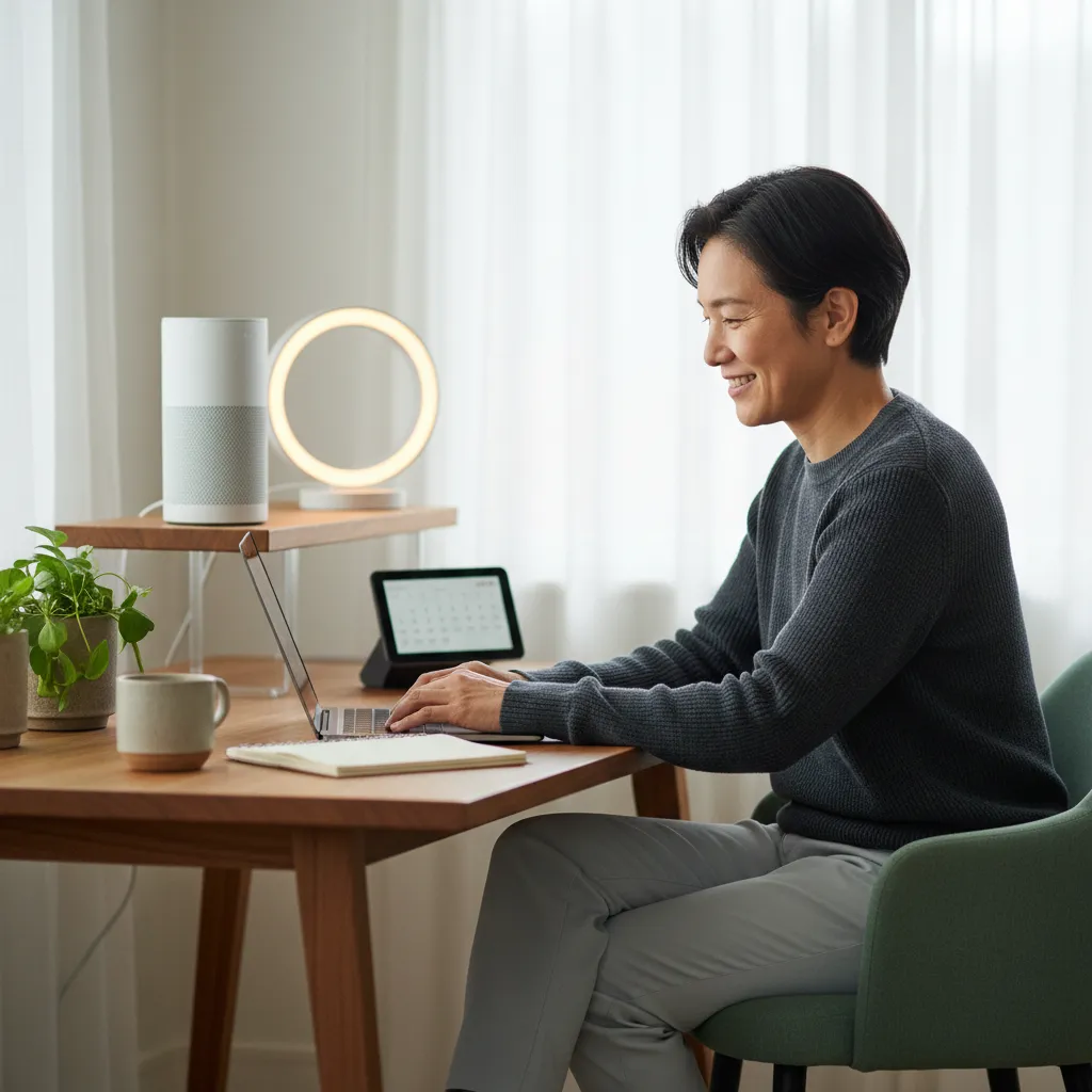 Person in home office with smart devices