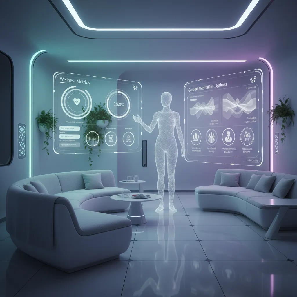 Futuristic smart home with AI wellness displays