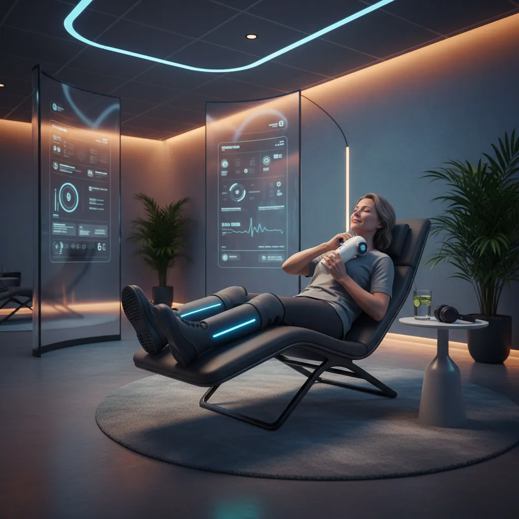 A person relaxing on a couch, using smart compression boots on their legs while a nearby tablet displays recovery metrics and AI-driven suggestions.