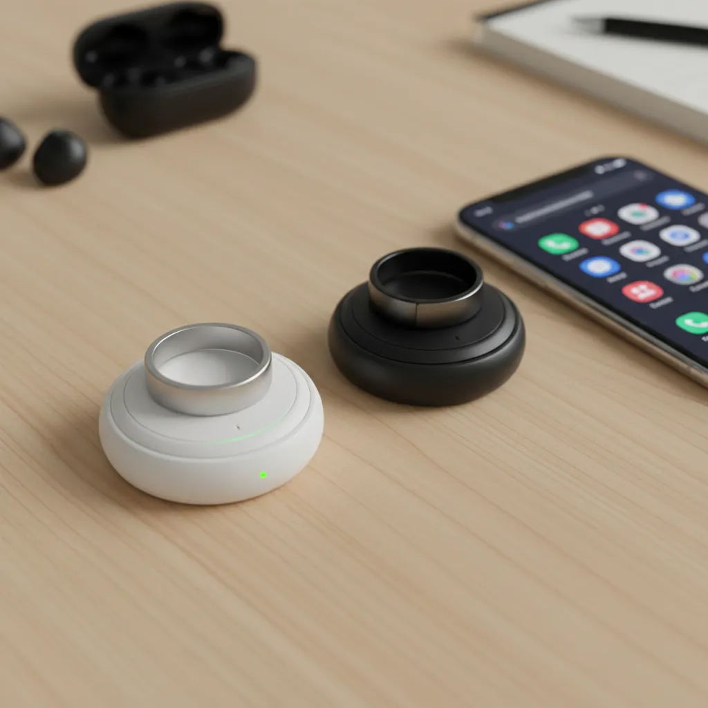 The Samsung Galaxy Ring and Oura Ring on their respective charging docks, illustrating their battery life capabilities.