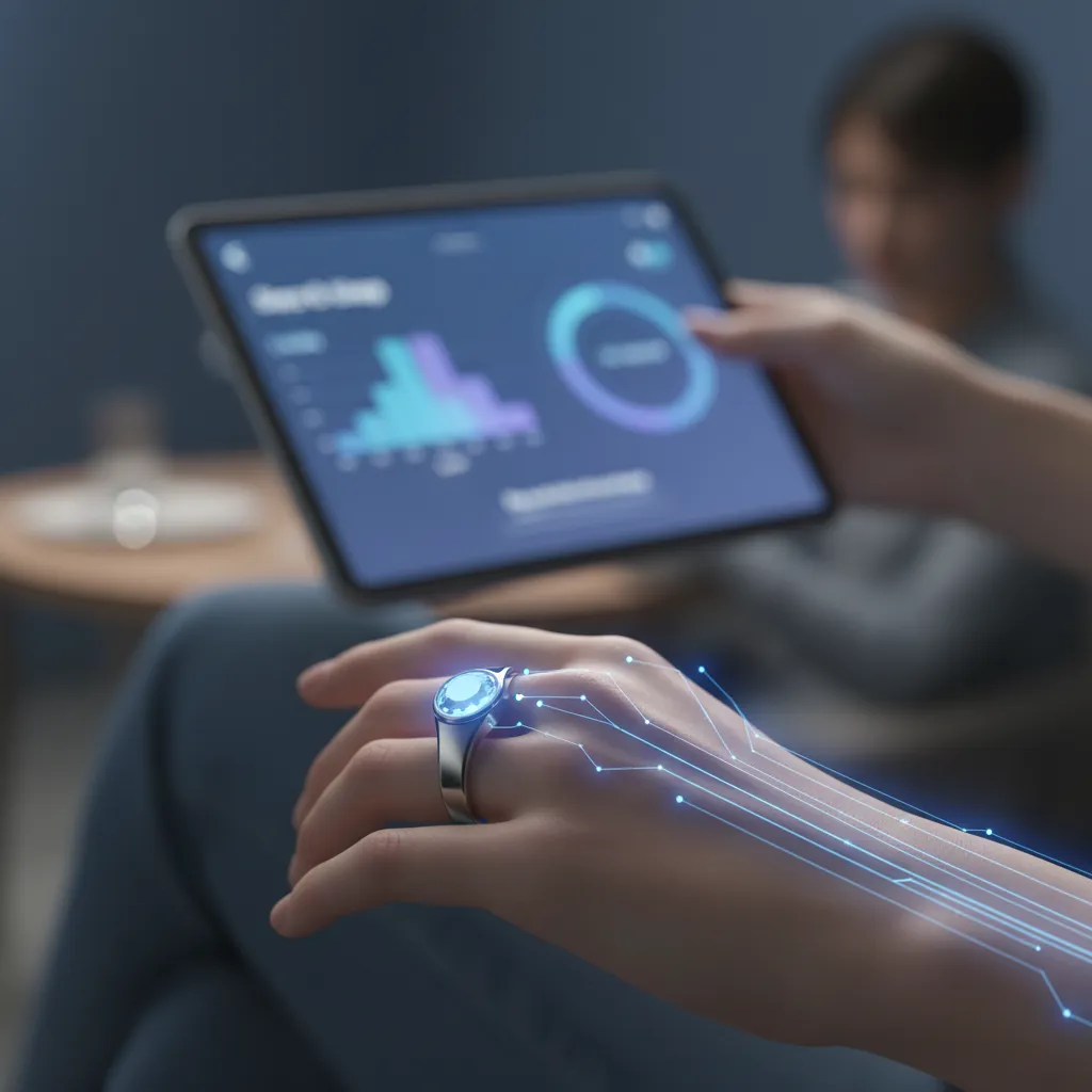 A smart ring on a finger with data flowing to a smartphone app, illustrating AI sleep data collection.