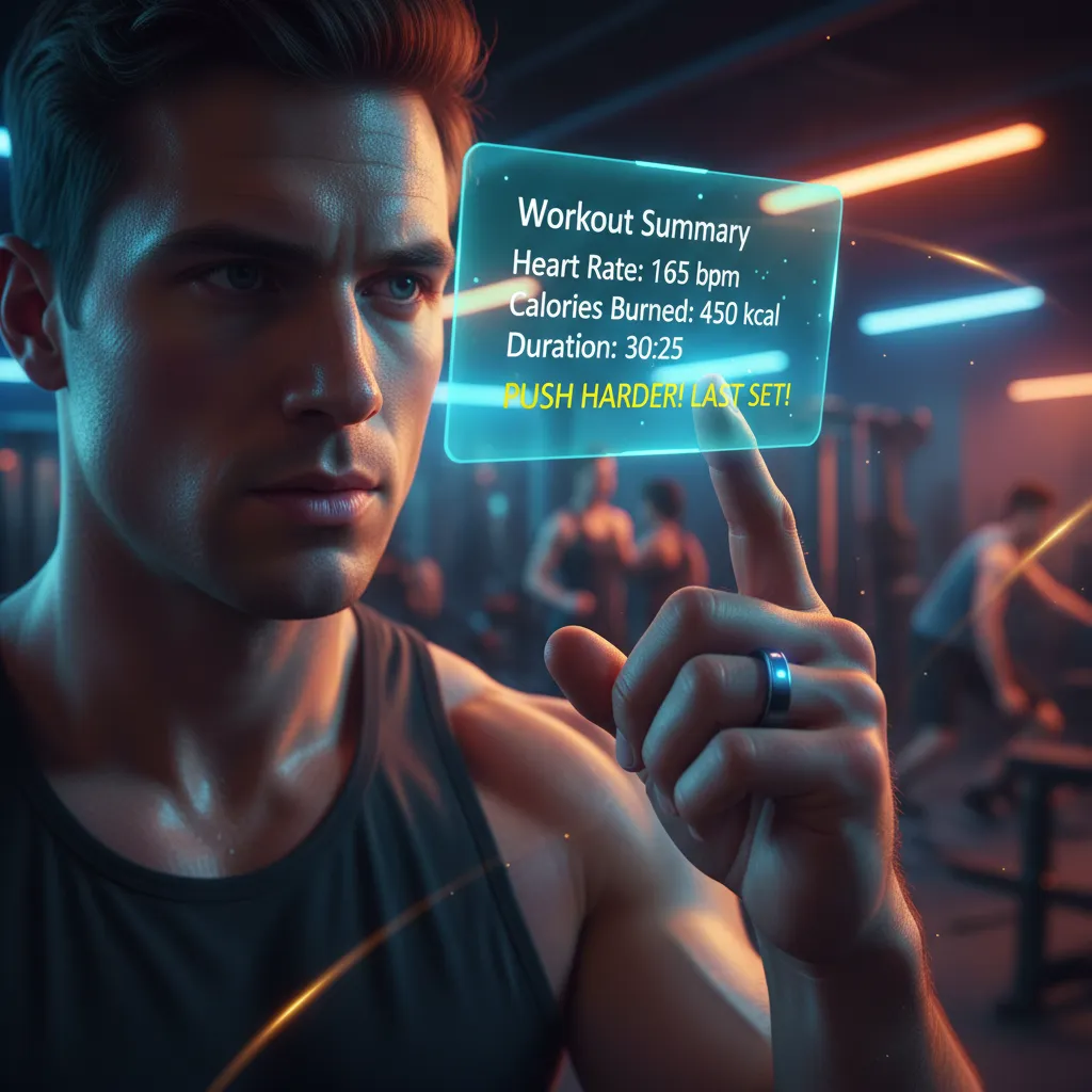 Person viewing workout metrics on smart ring display