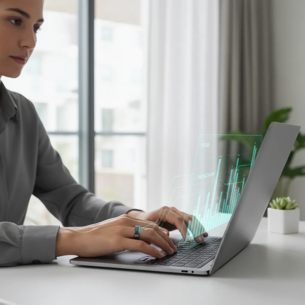 Smart ring on finger, glowing lines to laptop showing focus metrics