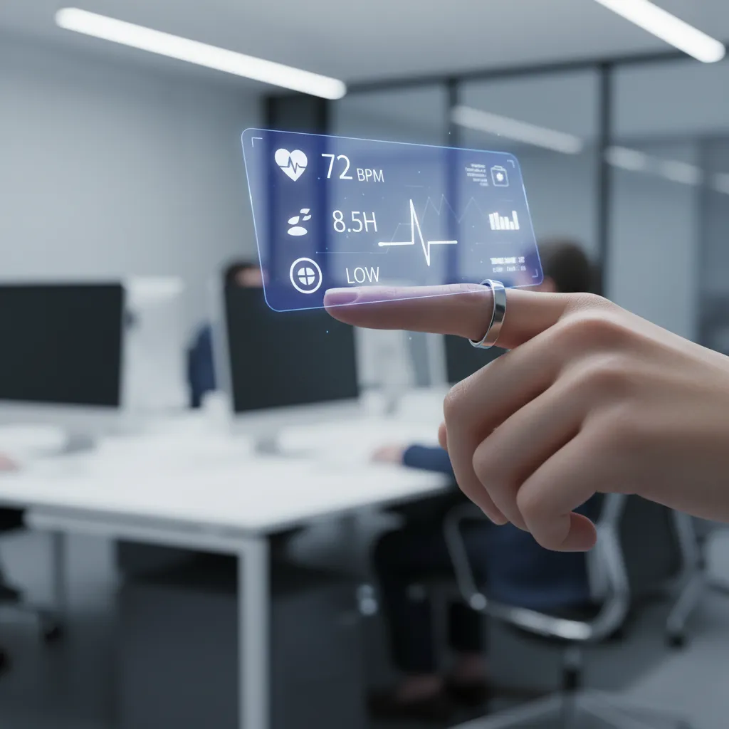 Hand with minimalist smart ring projecting holographic health data