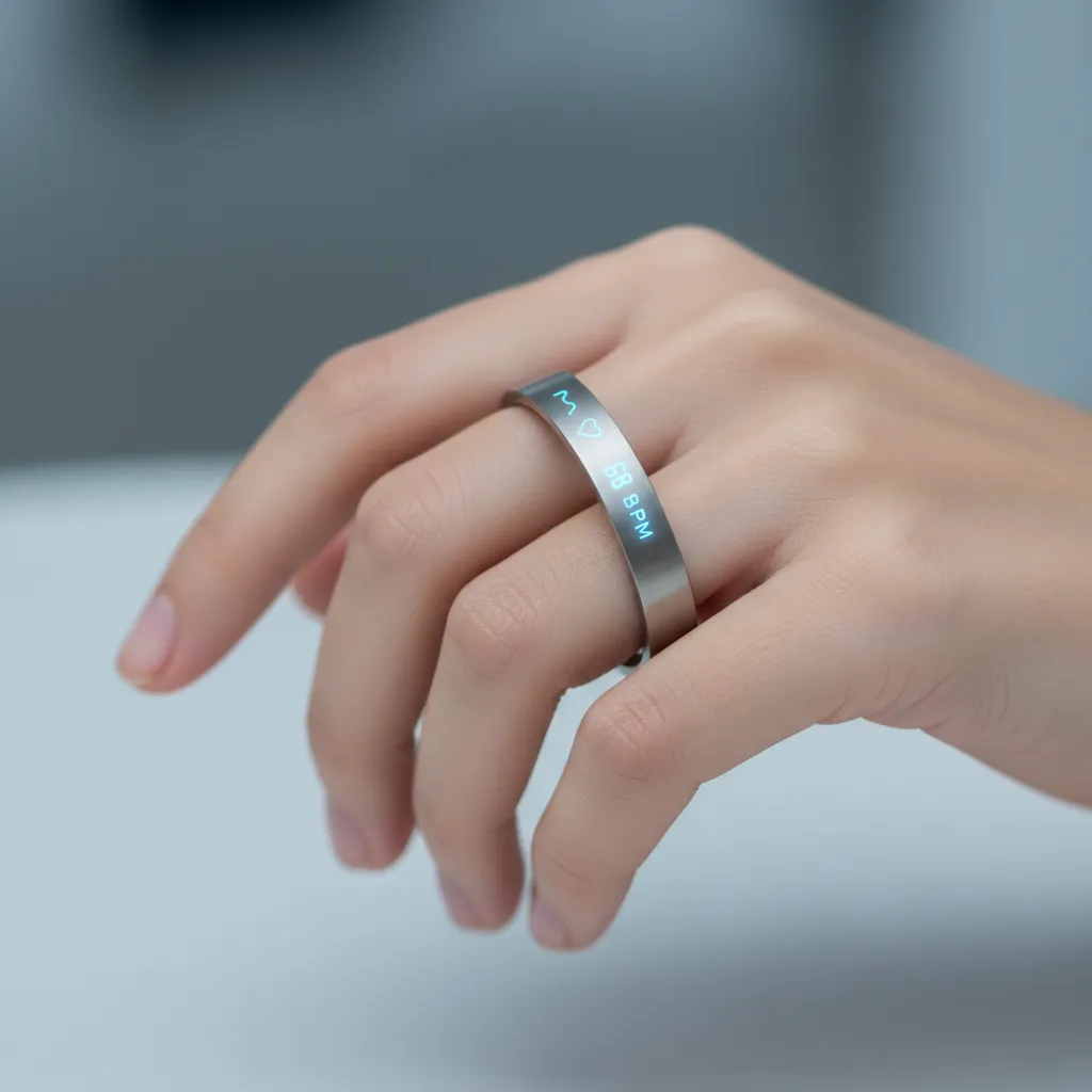 A hand wearing a sleek smart ring displaying health data.