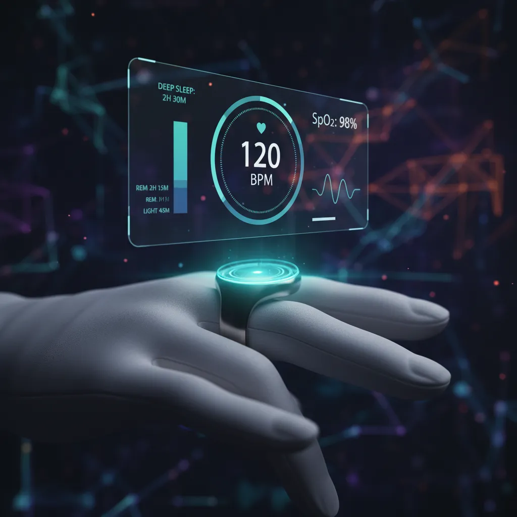 A futuristic infographic displaying the health tracking features of a smart ring, showing data for heart rate, sleep, and activity.