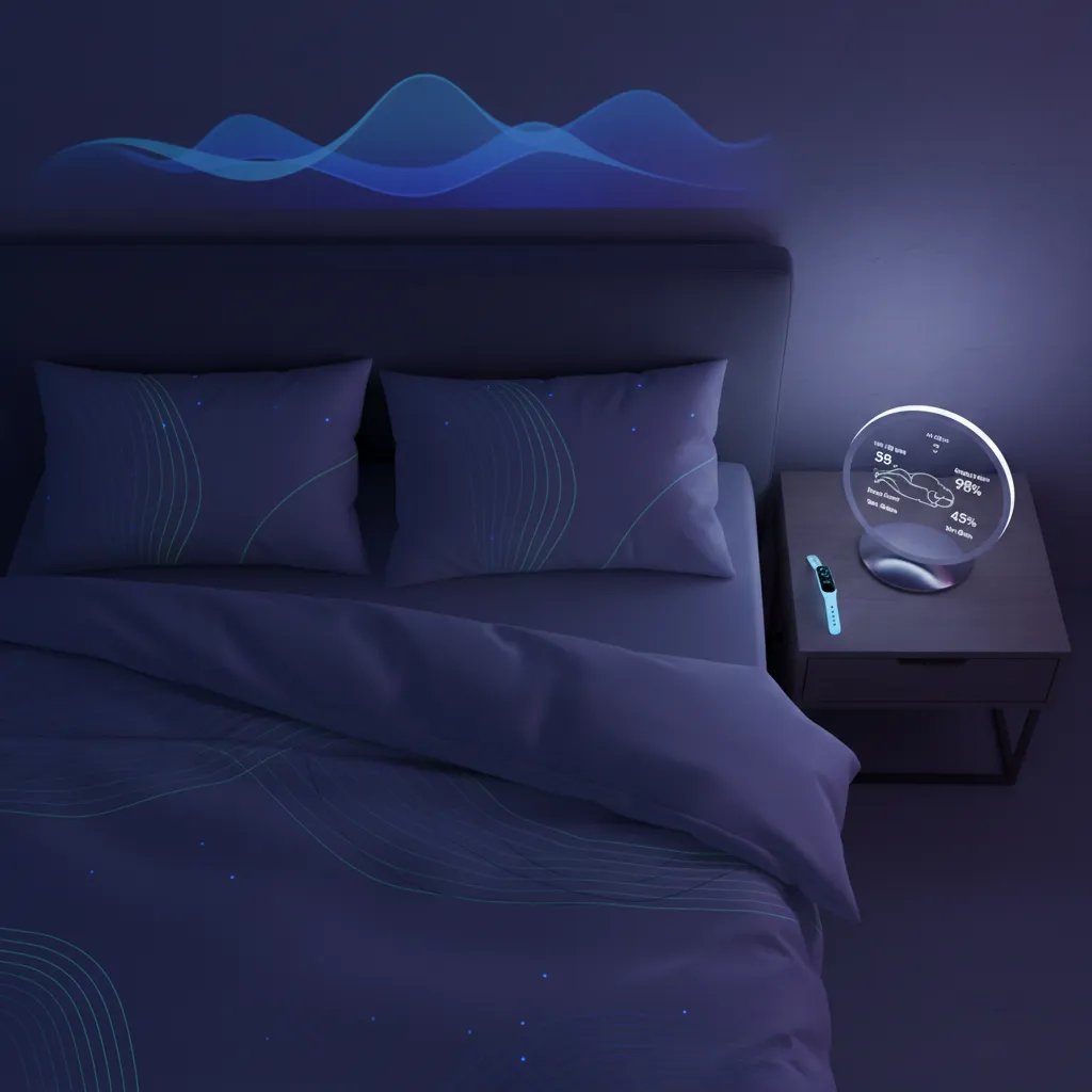 Overhead view of smart bed with AI sleep tracker and sleep cycle projection.