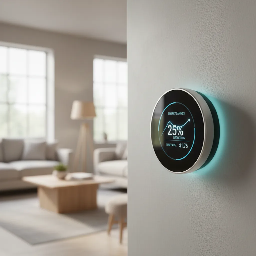 Smart thermostat showing energy savings