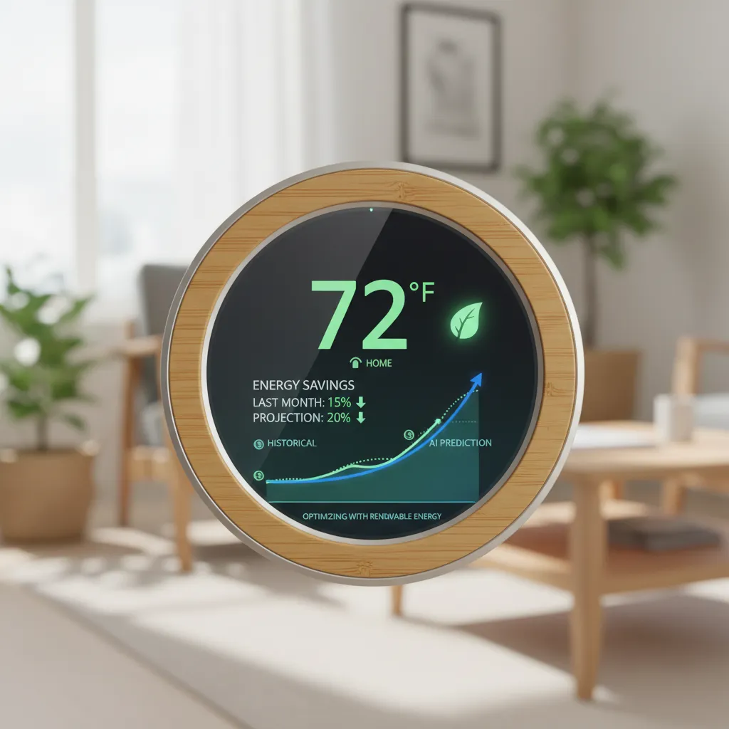 An AI-powered smart thermostat displaying real-time energy savings data on a sleek interface.