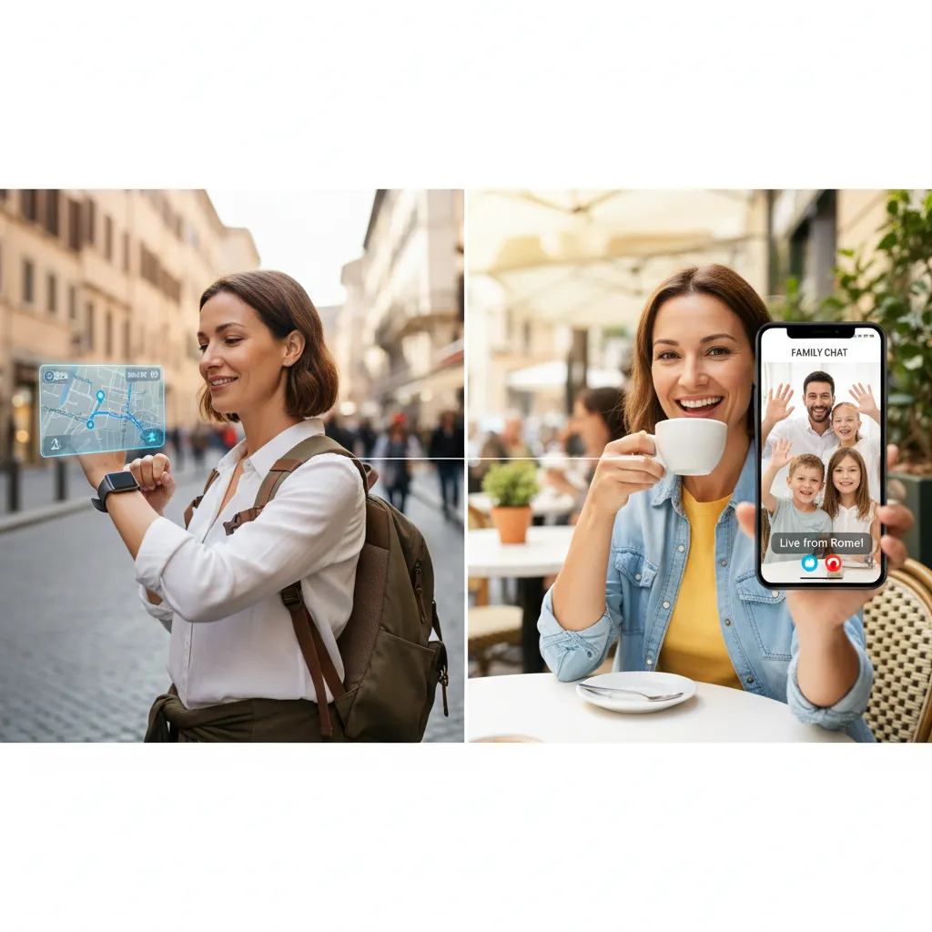 Woman navigating with smartwatch and video calling on phone
