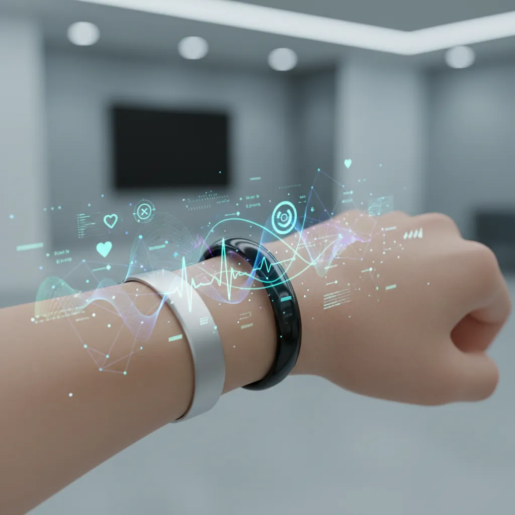 A smart ring on a person's finger, displaying health data with abstract visuals.