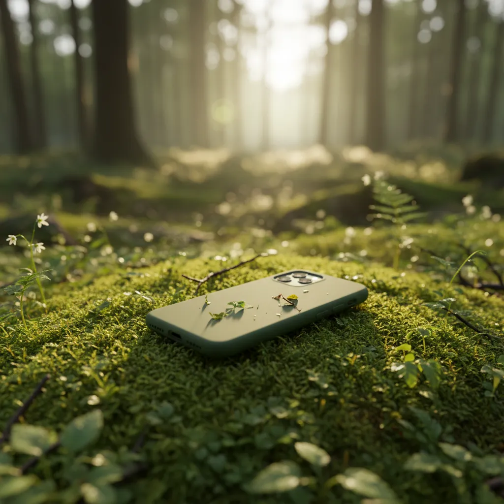 Smartphone face down on moss in a forest.