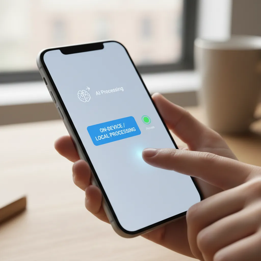 Hand holding smartphone with on-device AI processing indicator