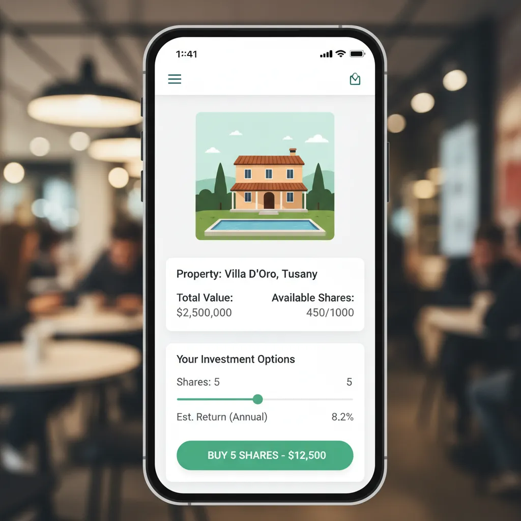 Mobile phone showing a fractional real estate investment app interface with property listings and investment options, in a modern setting.