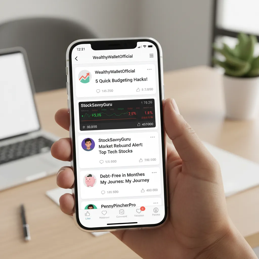 Smartphone displaying a social media feed with financial tips from finfluencers