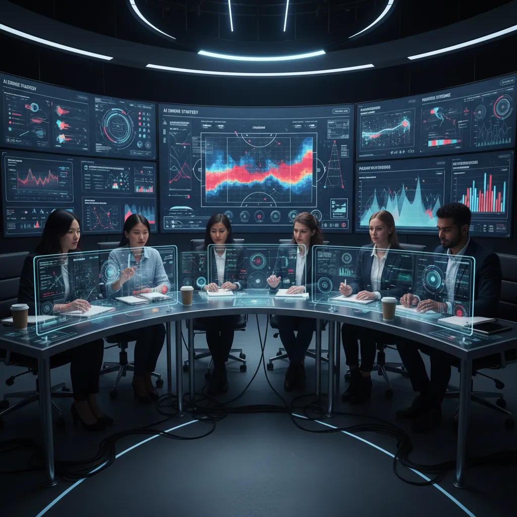 Sports analysts in a control room with AI-driven data visualizations