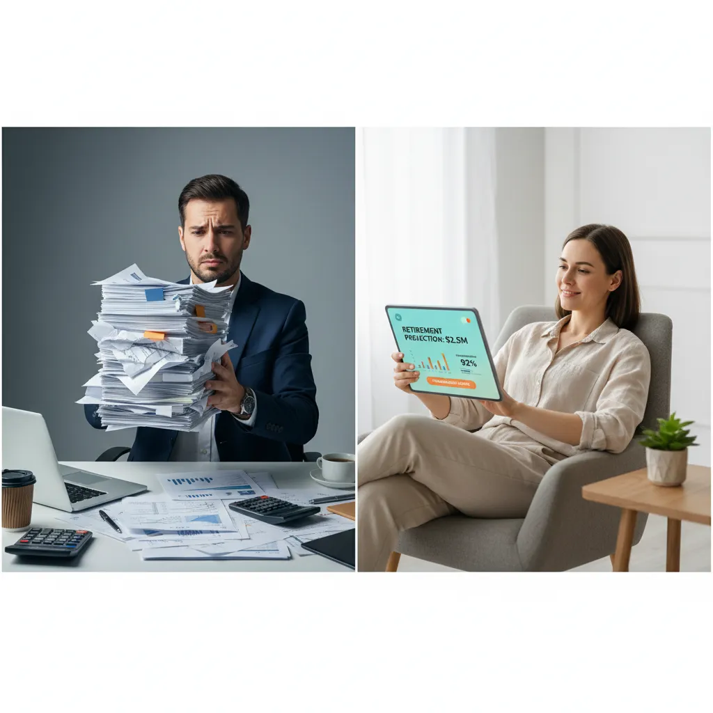 Person stressed with financial documents, then calm with AI retirement app
