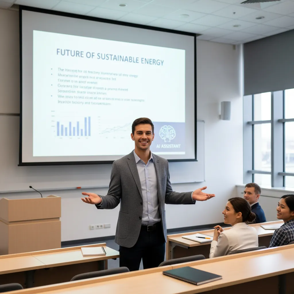 Student presenting with AI assistant icon