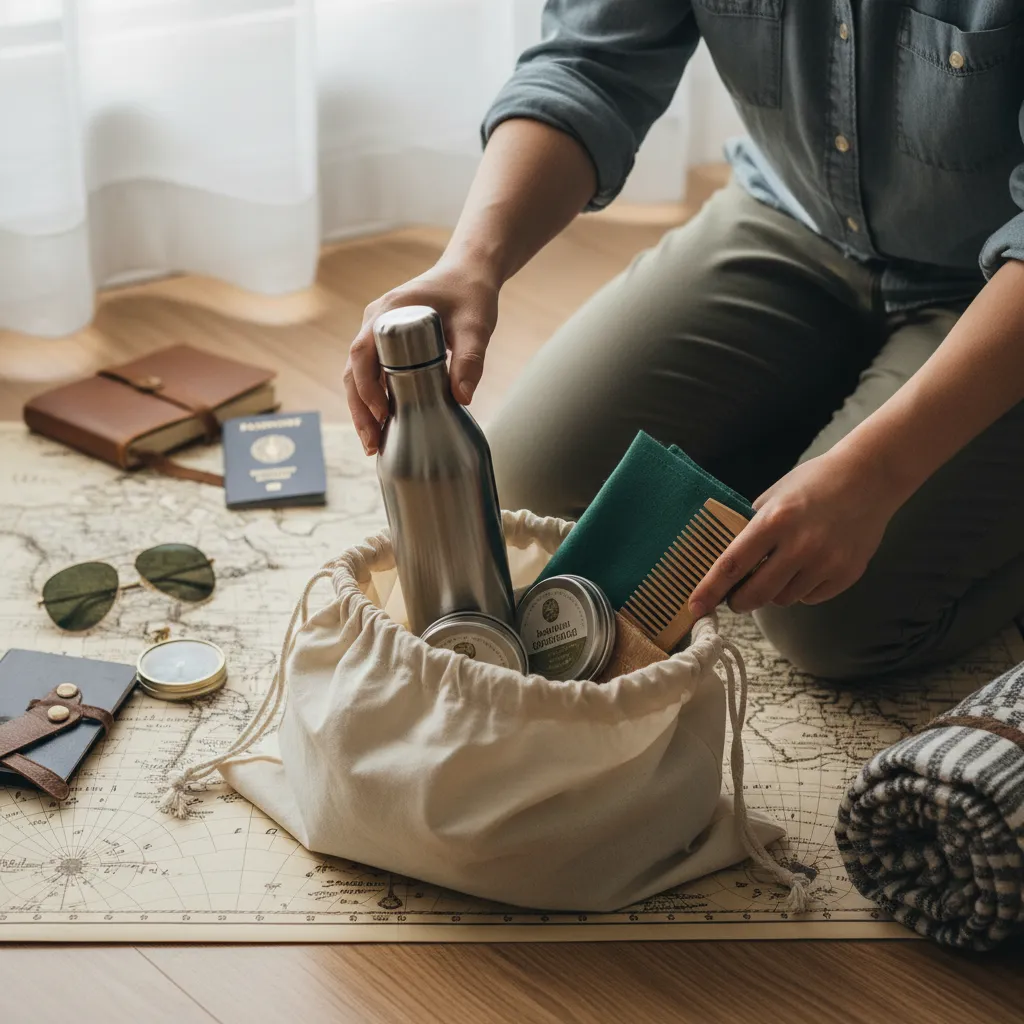 Person packing reusable items for sustainable travel