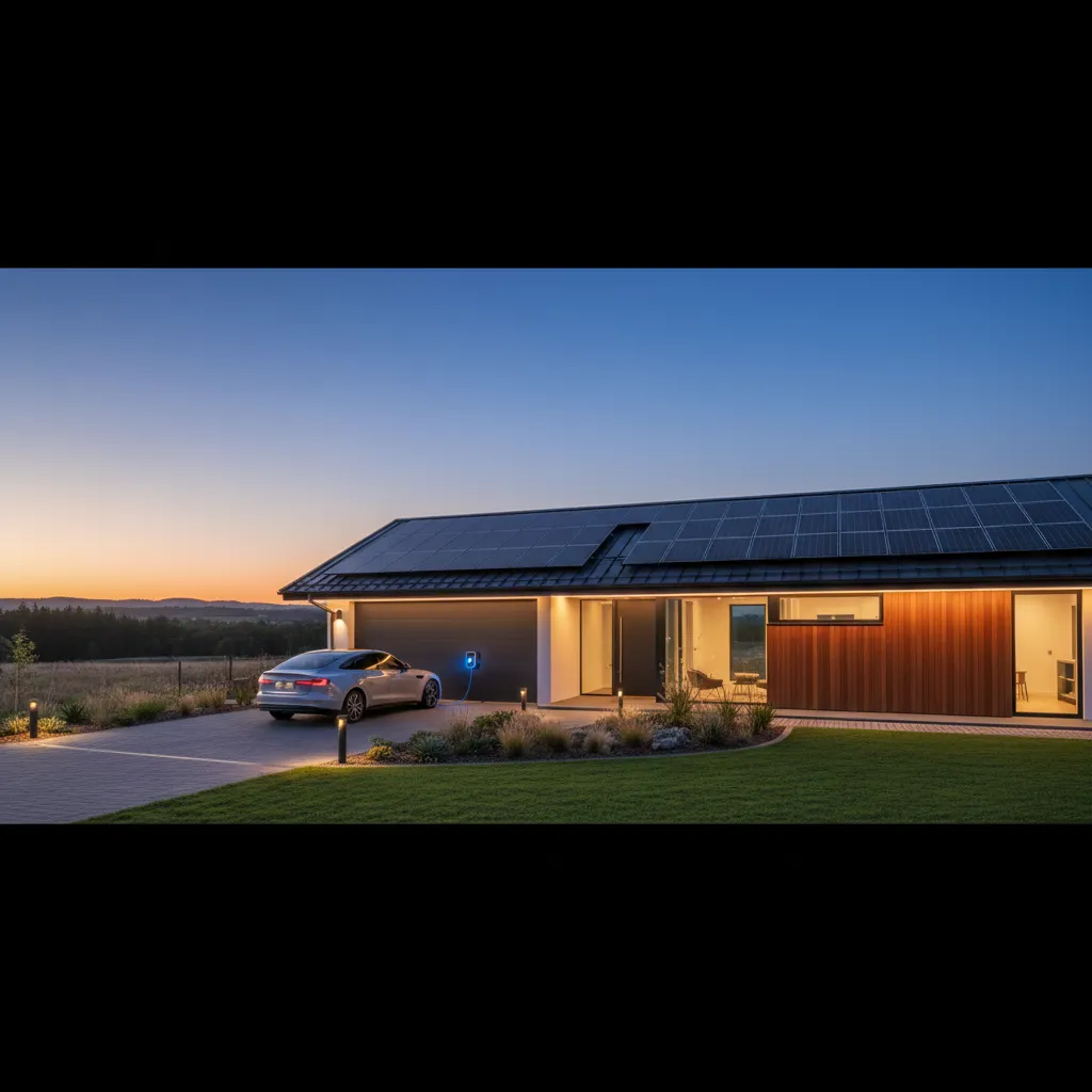 Sustainable smart home exterior with solar panels and EV charging