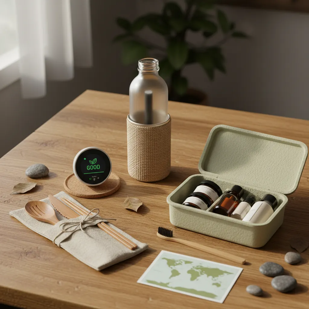 Collection of sustainable travel gadgets on a wooden surface