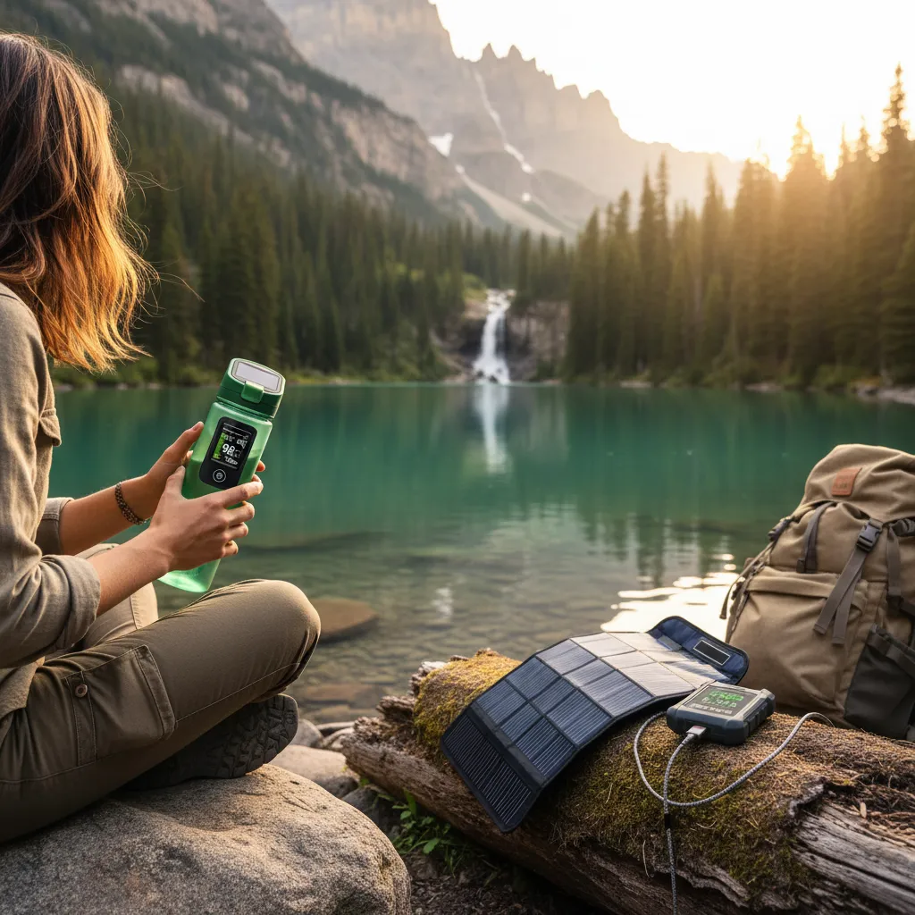 Traveler using sustainable travel gadgets like a solar charger in nature
