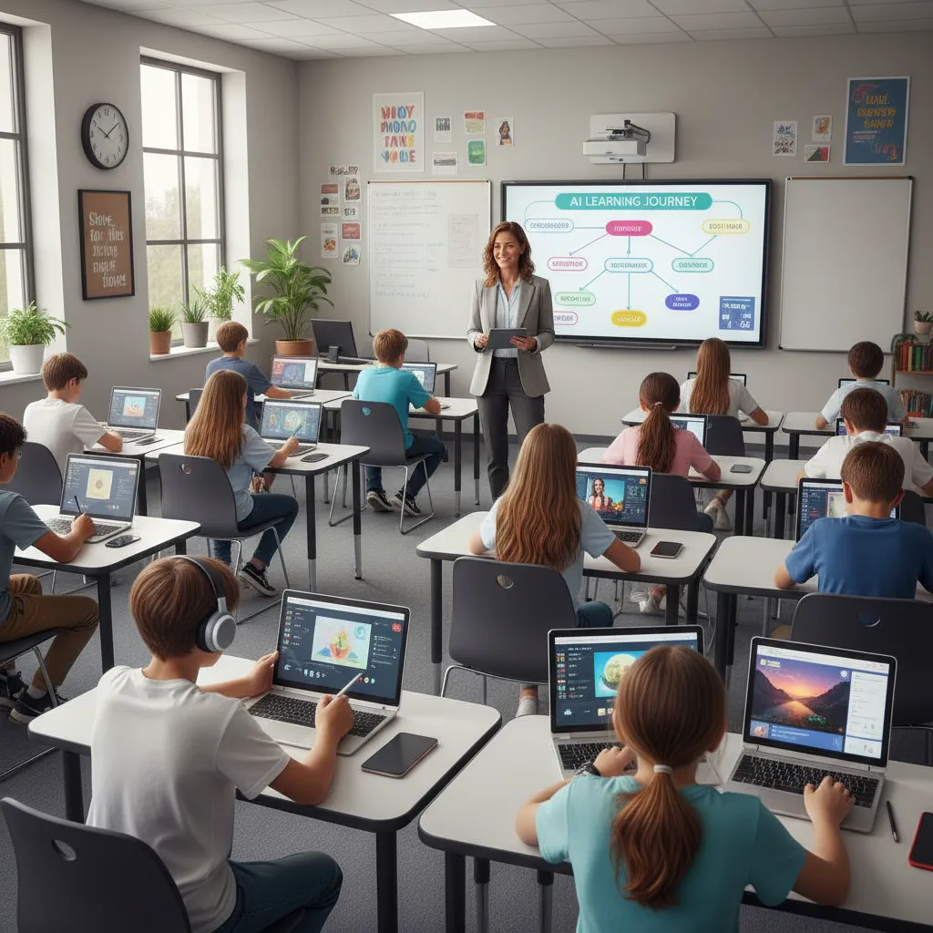 Teacher supervising students using AI learning tools