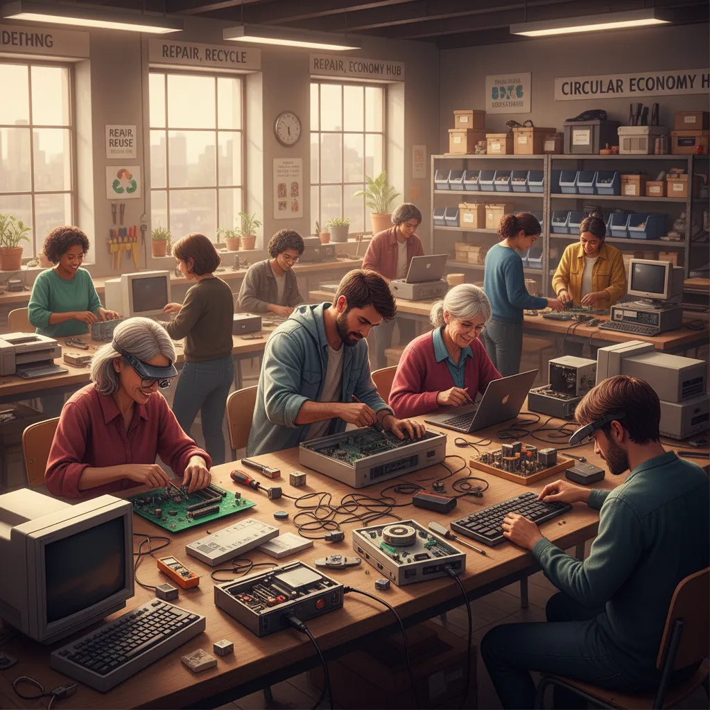 People upcycling electronics in a workshop.