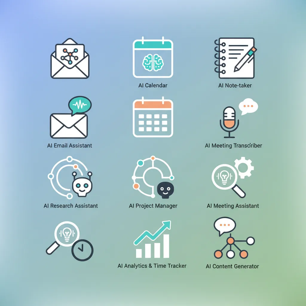 Collage of icons representing various AI productivity applications