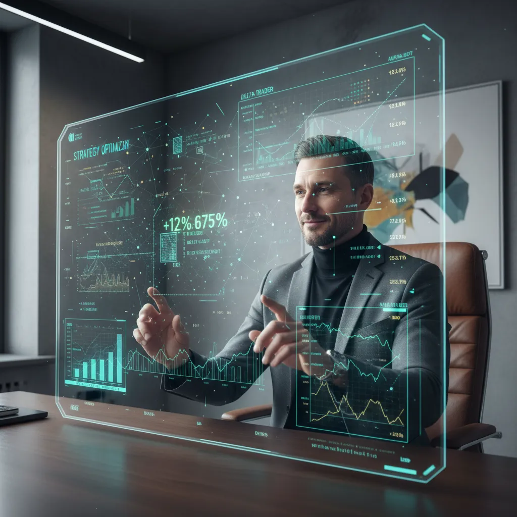A person at a futuristic desk setup, using a transparent tablet to manage their AI trading bot, with data visualizations in the air.
