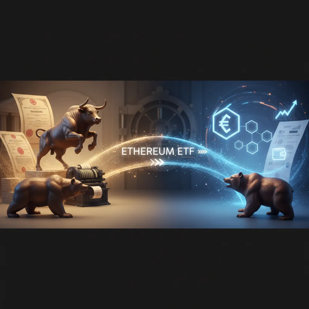 Traditional finance symbols merging with crypto elements