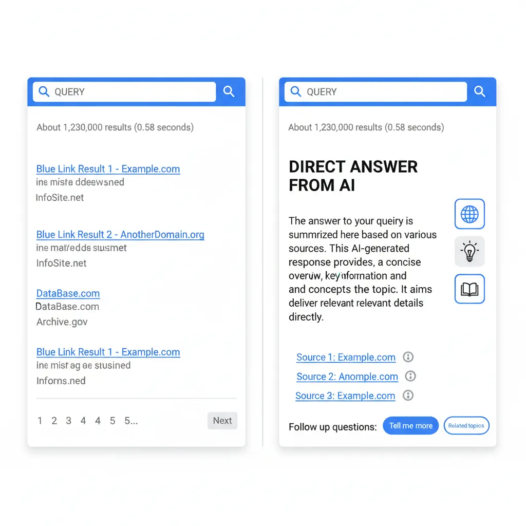 Diagram comparing a traditional search engine results page to a modern AI search engine summary.