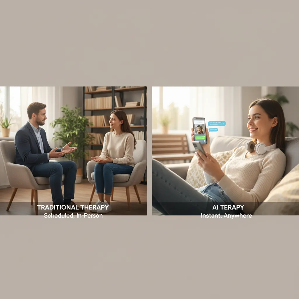 A split-screen image comparing a traditional therapy session with a person using an AI chatbot on their phone.
