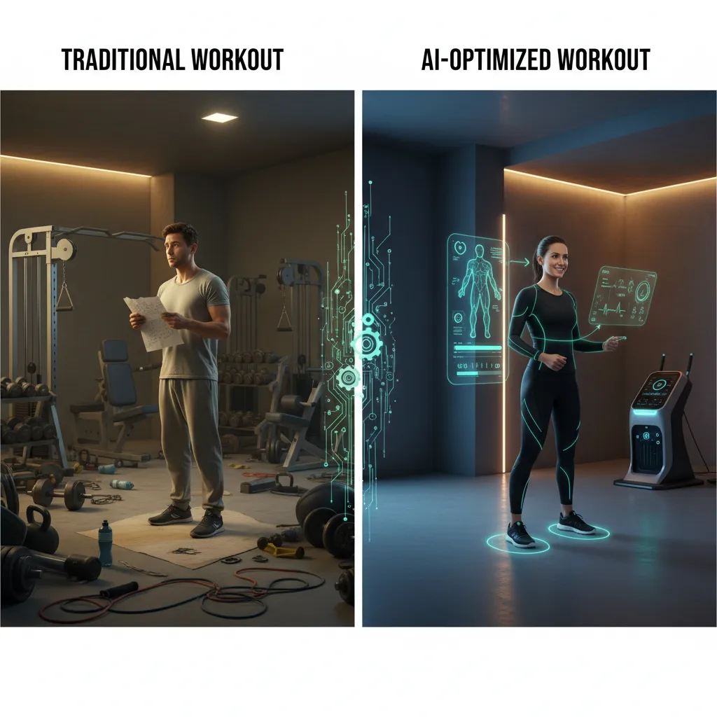 A split-screen image showing a person following a generic workout plan on one side and another person using a dynamic AI fitness app that adjusts in real-time on the other, highlighting the efficiency difference.