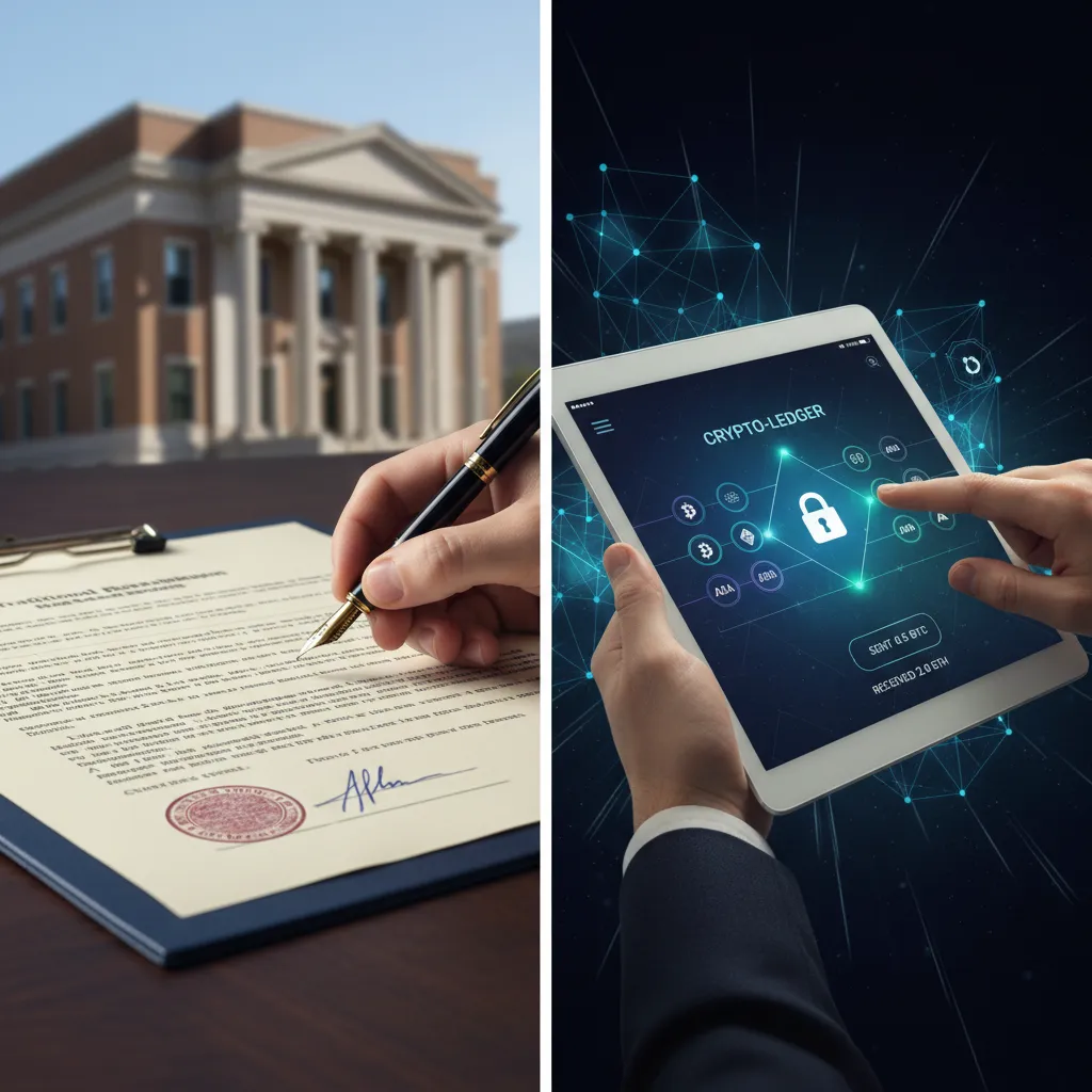 Comparison image of traditional banking vs. decentralized finance