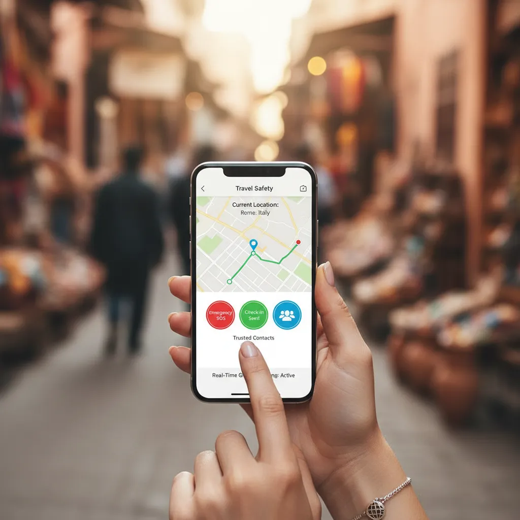 Hand holding smartphone with travel safety app