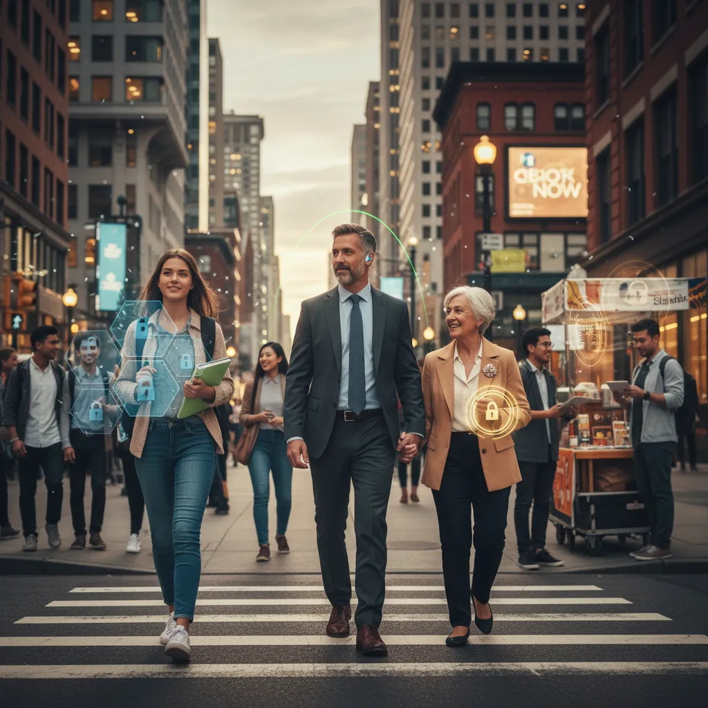 A diverse group of people in a futuristic urban setting, with subtle glows on their wearables indicating a connected AI safety network
