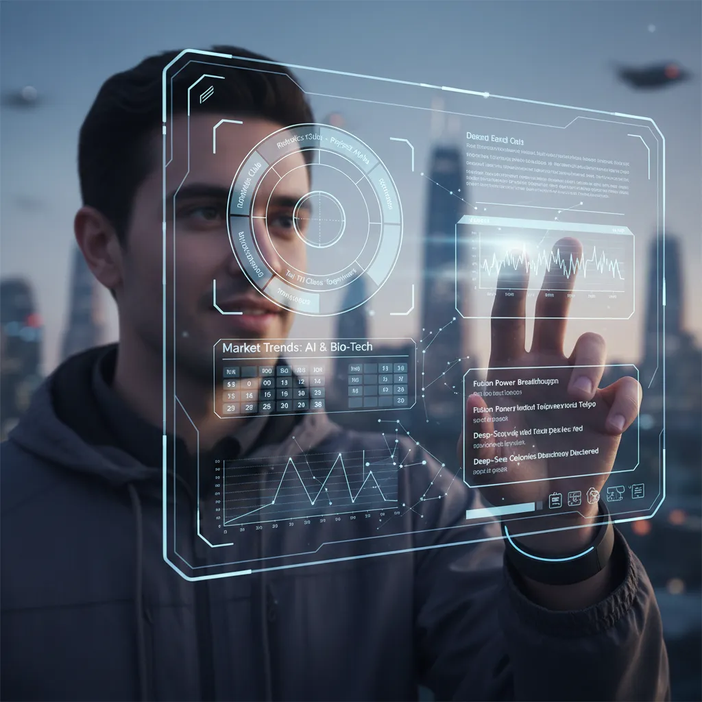 Person engaging with a custom AI holographic interface that displays personalized data and options.