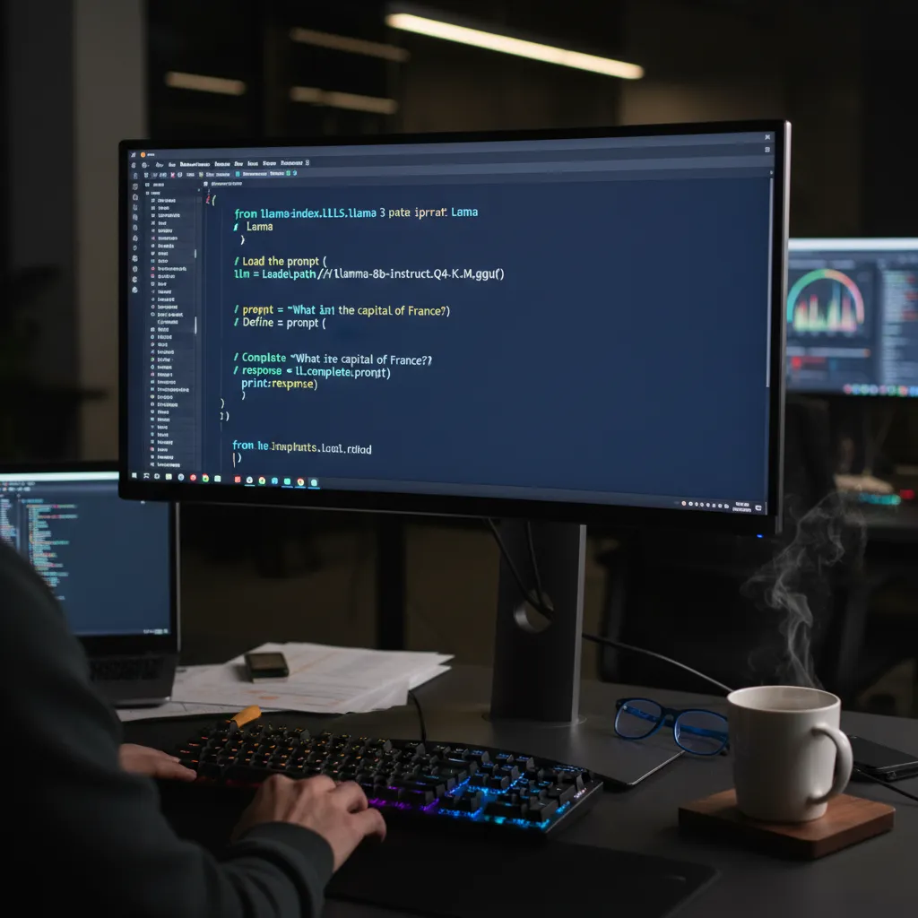 A developer's computer screen showing Python code for implementing the Llama 3 model.