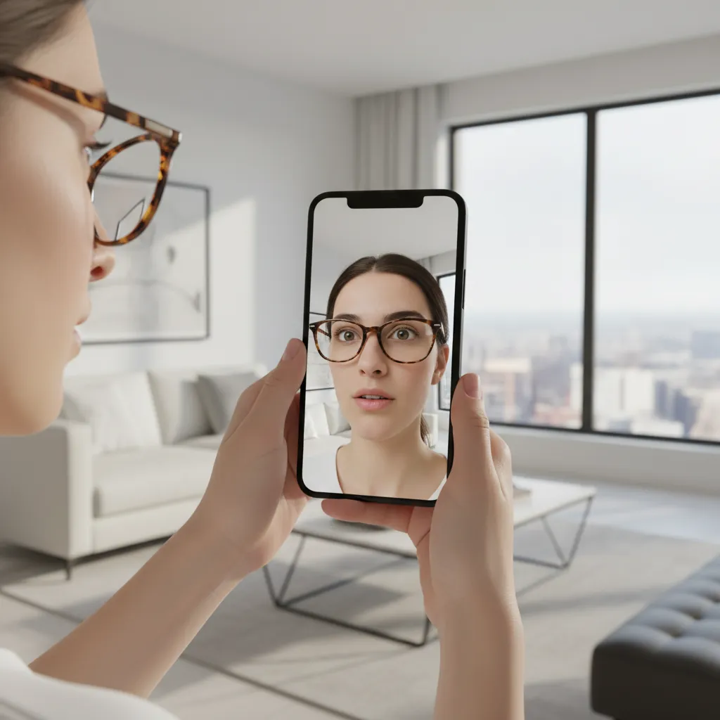 Person using an augmented reality app to virtually try on glasses.