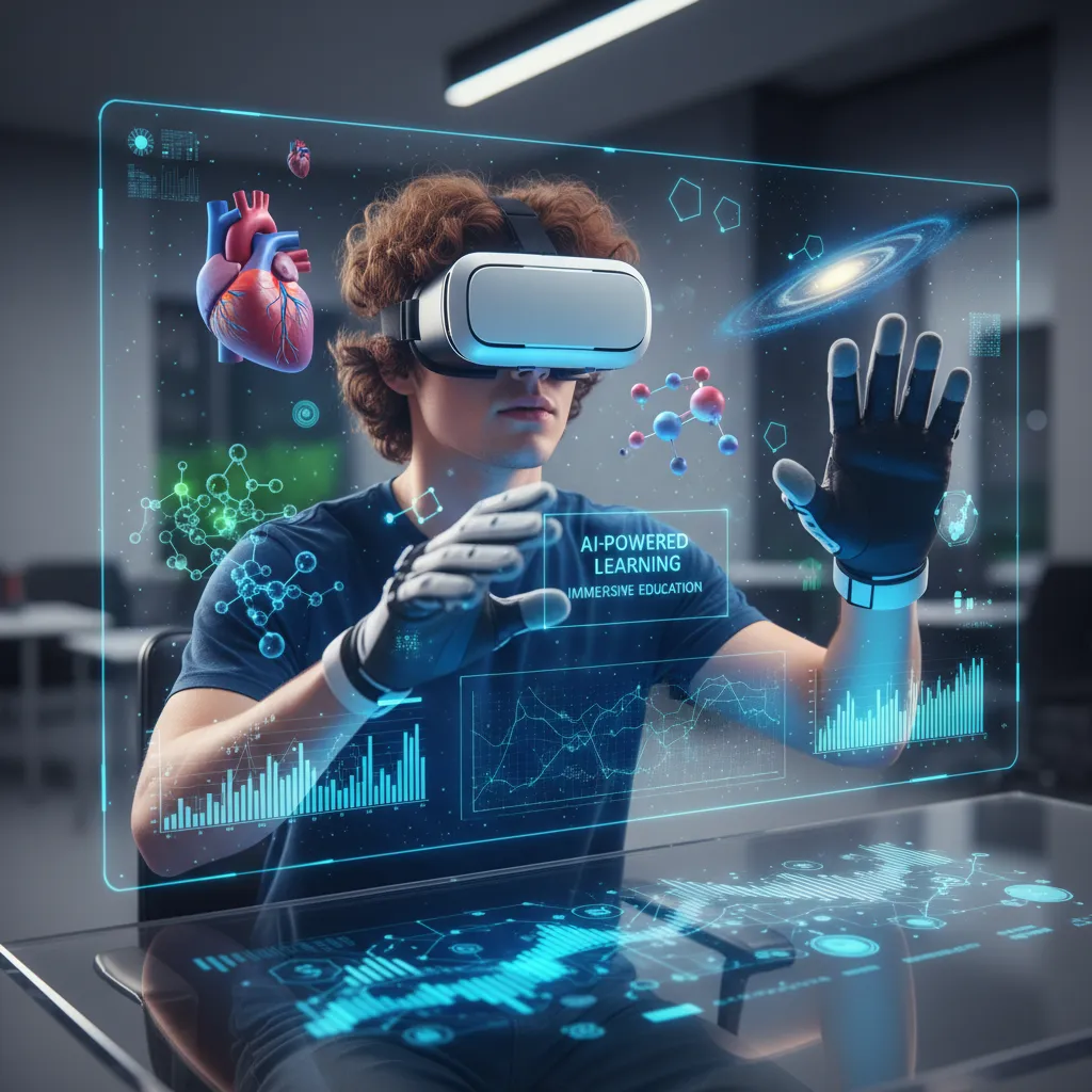 Student in VR goggles experiencing AI-powered virtual learning
