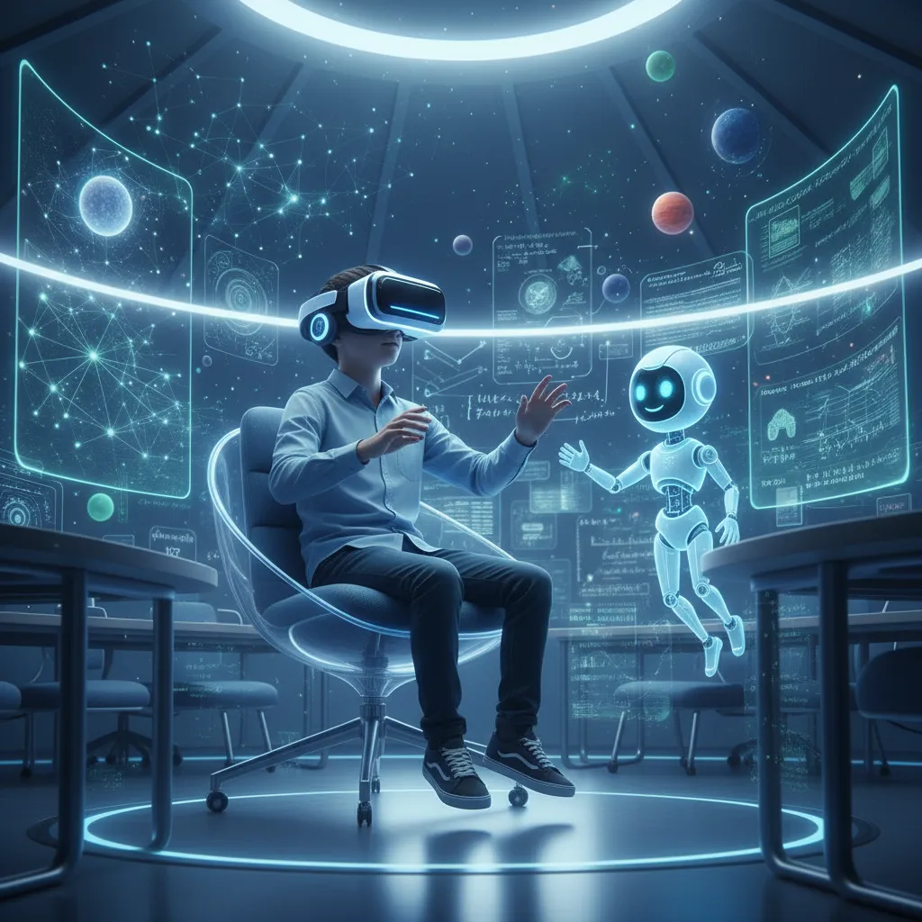 Student in VR goggles experiencing AI learning