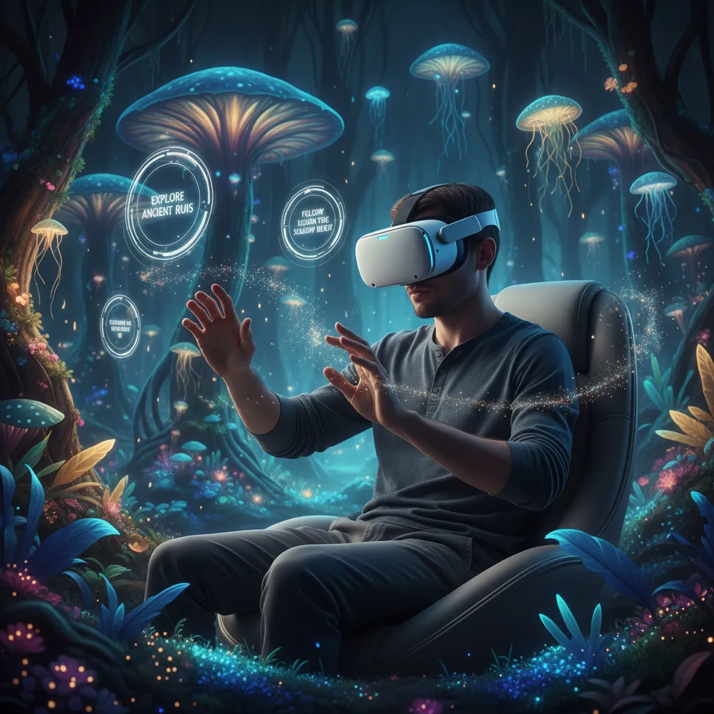 Person in VR headset experiencing AI story